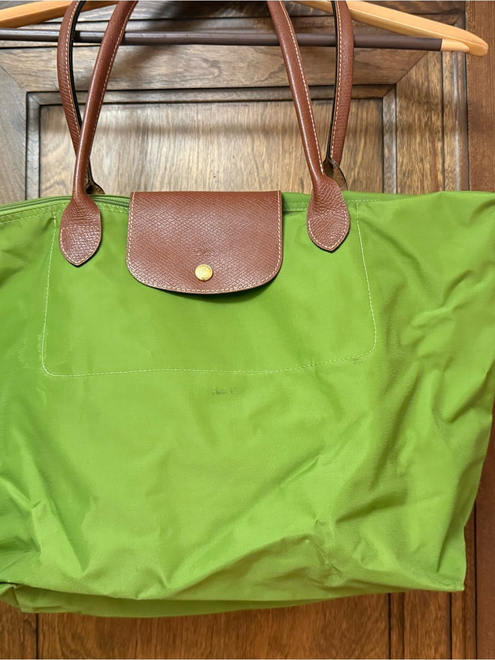 Longchamp Le Pliage Green Nylon Tote with Brown Leather Trim